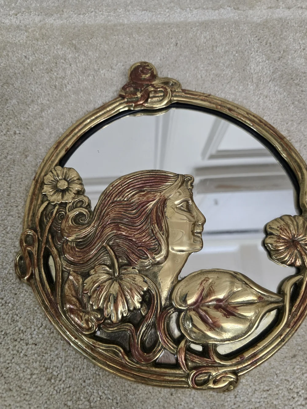 Art Nouveau Gold Decorative Round Wall Mirror with Floral Woman Motif